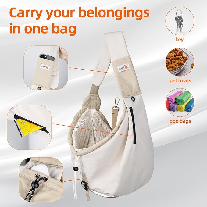 Dog Carrier Sling,Dog Carriers for Small Dogs & Cats Up to 20lbs,Puppy Carrying Backpack Pet Purse with Pockets,Adjustable Shoulder Strap,Hands Free for Travel (Beige)