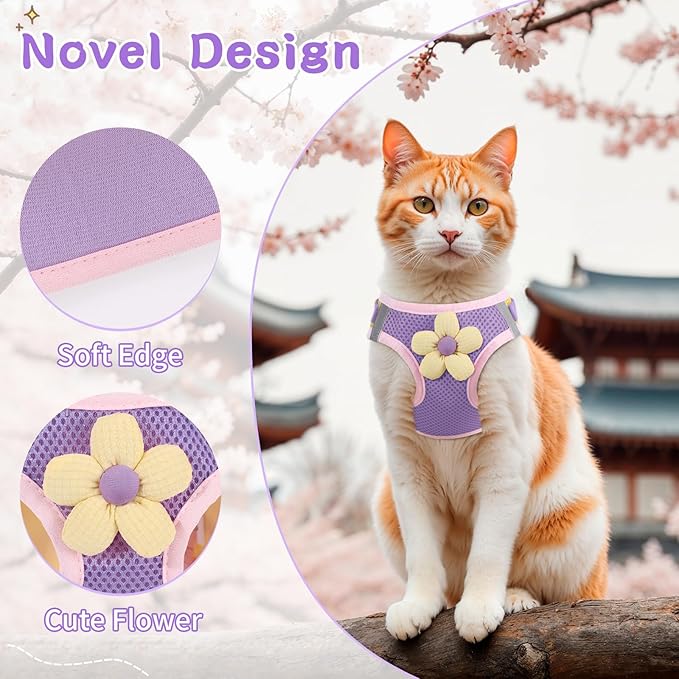 Cat Harness and Leash Set for Walking Escape Proof, Adjustable Kitten Harness Breathable Mesh with Reflective Strips Harness with Flower for Kitty Puppy Bunny Purple XS