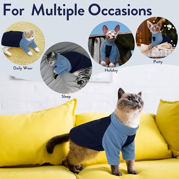 T'CHAQUE Cat Pajamas - Soft Cat Clothes& Shirts & Pajamas with Sleeves, Stretchy Sweater, Pullover Kitten Clothes, Blue, Large