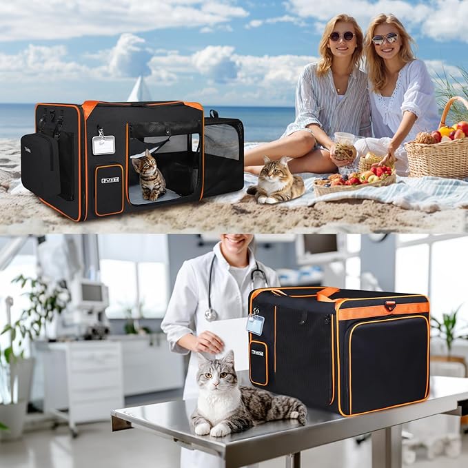 Petskd Side Expandable Extra Large Cat Carrier with Litter Box Area for Long Distance Car Travel,24"x17"x17" Collapsible Soft-Sided Large Pet Carrier with Zipper Locks for 2 Cats Under 55LBS(Black)