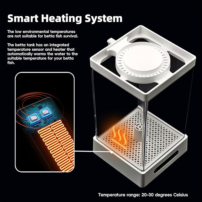 Betta Fish Tank, Smart Automatic Heating, Easy Water Change Valve, and Energy-Efficient LED Lighting - Perfect for Office, Home, and Bedrooms