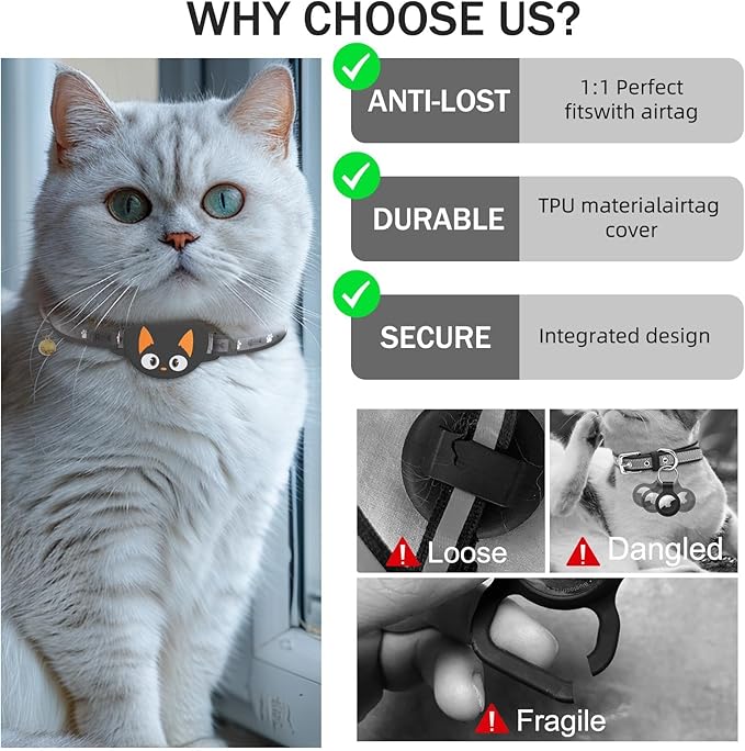 Airtag Cat Collar Breakaway, Reflective Kitten Collar with Apple Air Tag Holder and Bell for Girl Boy Cats, Lightweight Cat Collars for Apple AirTag, Hidden GPS Tracker Holder for Cats, Black (9-13")