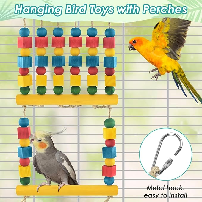 Bird Toys, Parrot Chew Swing Toy with Perches Stand, Hanging Colorful Wood Block Bird Cage Accessories for Small to Medium Quaker African Grey Budgie Cockatiels Amazon Parrots