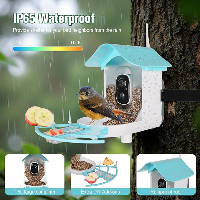 Bird Feeder with Camera,AI Identify Birds Species,Solar Powered,Auto Record Videos in Backyard,Instant Notifications,Ideal Gift for Family and Bird Lovers