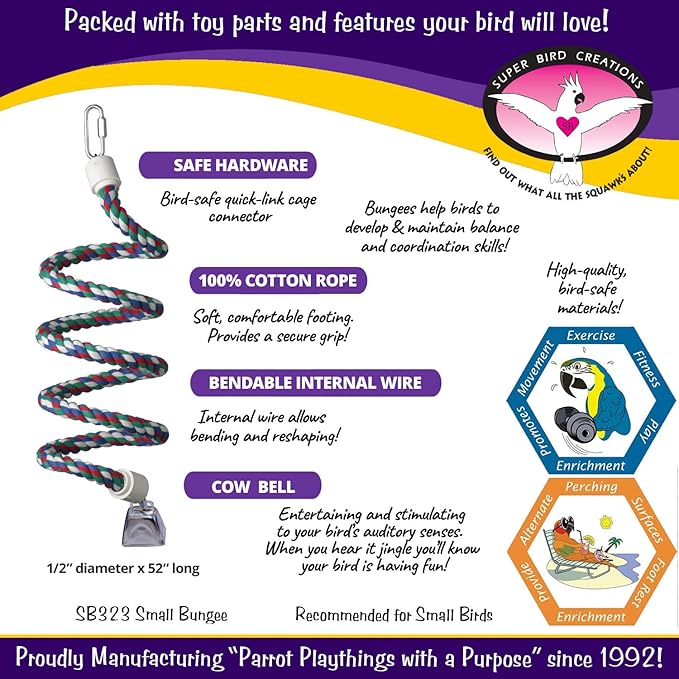 Super Bird Creations SB323 Small Bungee Bird Toy - Rope Perch for Canary, Parakeets, Cockatiels, Finch, Lovebirds - Colorful Hanging Perch - Enriching Bungee Toy for Small Birds & in Bird Cages