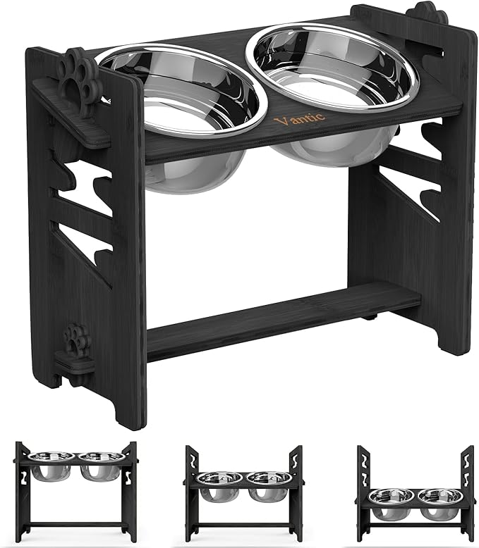 Vantic Elevated Dog Bowls, Adjustable Raised Dog Bowl Stand for Large and XLarge Pet, Sturdy Bamboo Food Feeder with 2 Stainless Steel Dishes, Black