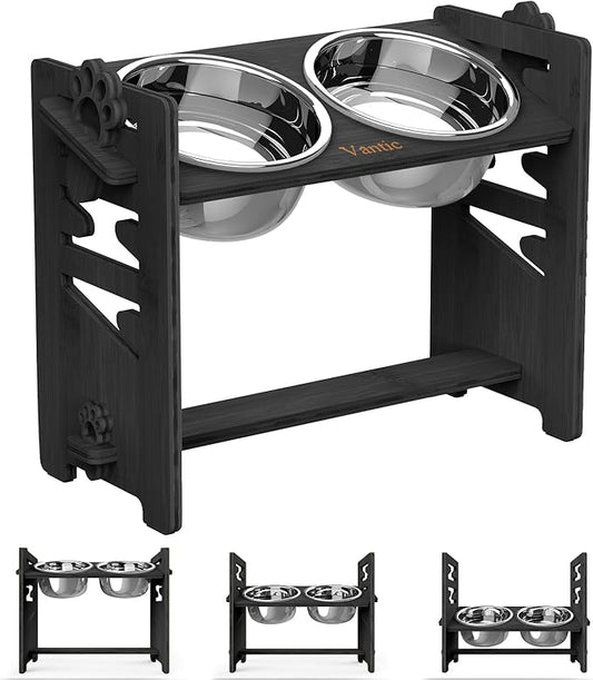 Vantic Elevated Dog Bowls, Adjustable Raised Dog Bowl Stand for Large and XLarge Pet, Sturdy Bamboo Food Feeder with 2 Stainless Steel Dishes, Black