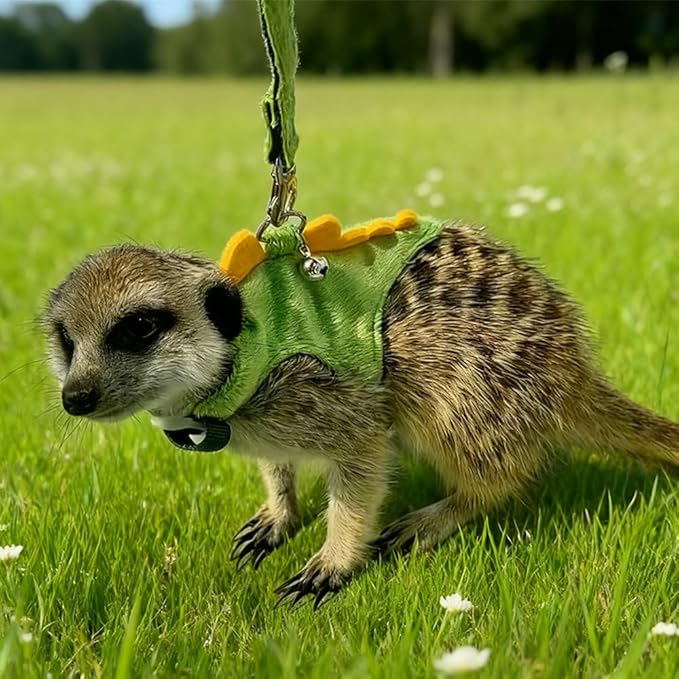 Ferret Leash and Harness Set, Dinosaur Design Small Animal Harness with Leash, Adjustable & Escape-Proof, Soft Plush Comfort for Rabbits, Kitten, Bunny, Hedgehog (Green)