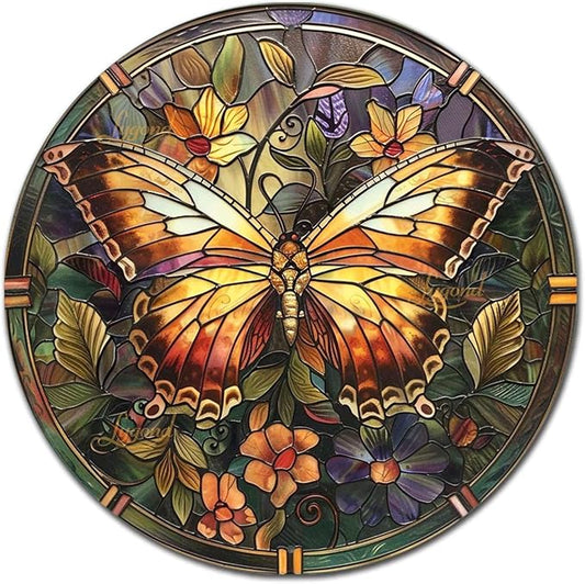 Lygond Metal Sign Tin Sign Circular Stained Glass Butterfly Funny Bathroom Decor for Garage 8×8 Inches