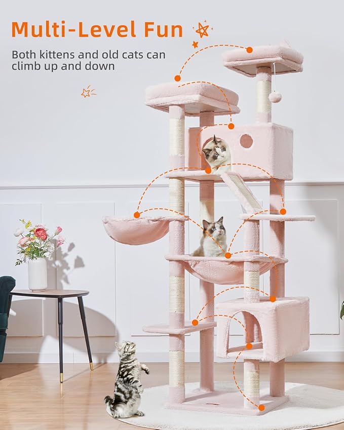 Taoqimiao Cat Tree 71-Inch, Cat Tower for Indoor Cats Large Adult, Multi-Level Large Cat Condo, 8 Sisal Scratching Posts, Metal Frame Cozy Hammock, Scratch Board, 2 Top Perches, Jelly Pink MS026LP