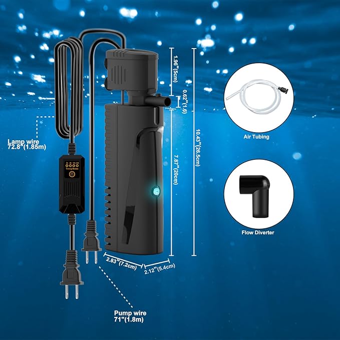 Fish Tank Filter with U - V Light & Timer (3/6/12/24 Hours) for Green Water Cleaning, Aquarium Filter with Aeration Turtle Tank Filter with Pre-Filter Sponge for Tanks 40-70 Gallon