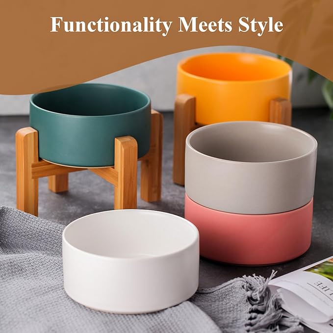 Yellow Ceramic Elevated Raised Cat Bowl with Wood Stand No Spill Pet Food Water Feeder Cats Small Dogs