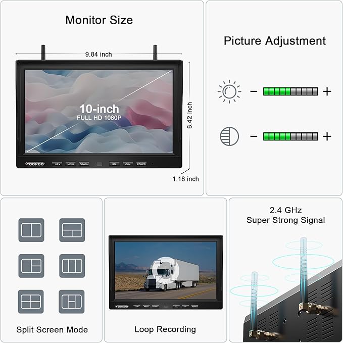 Fookoo 1080P 10" Magnetic Wireless Backup Camera 10" HD Split Screen Monitor,Rechargeable 2 Side View 2 Rear View Cameras,Low Consumption 1-Min DIY Install No Drilling for RV Trailer Truck DCX104