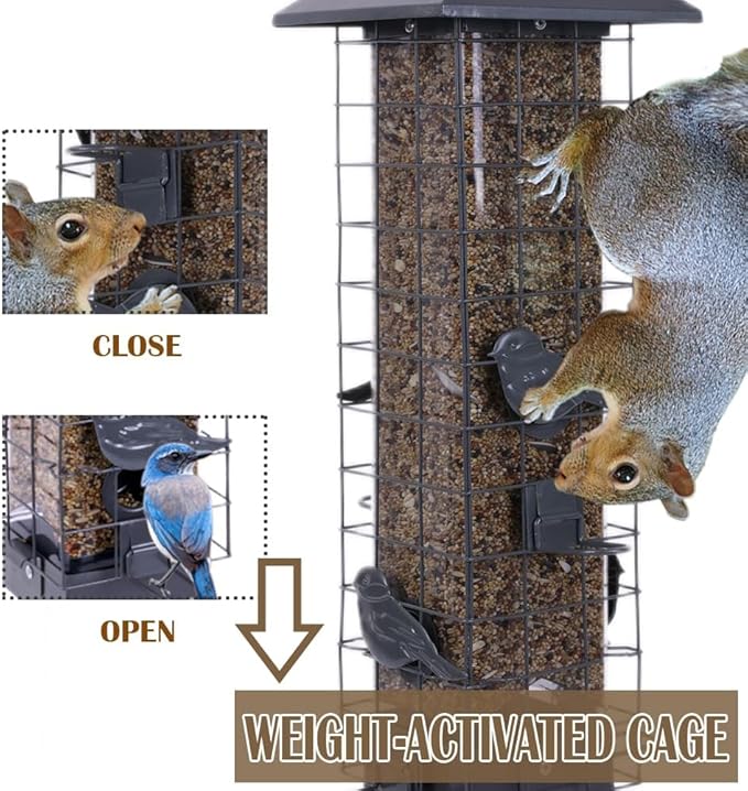 Squirrel Proof Bird Feeders for Outdoors, Metal Wild Bird Feeder for Outside Hanging, 4 Ports Perches, 3LB Large Capacity(Gray)