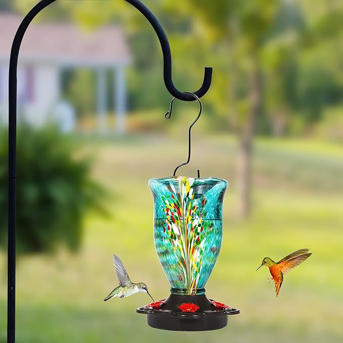LUJII Hummingbird Feeders for Outdoors with Ant Guard, Blown Glass Hummingbird Feeder for Outside Hanging, 25 fl.oz, Never Leak, Unfading & Anti-Rust, Flower Vase, Garden Backyard Patio Decor, Blue