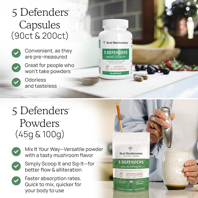 Real Mushrooms 5 Defenders - Adaptogenic Mushrooms Complex with Chaga, Reishi, Turkey Tail, Maitake & Shiitake for Wellness Support - Mushroom Beta Glucan Capsules - 90 Count