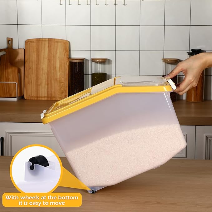 Sunnyray 4 Pcs Rice Storage Container 27.6 lb Airtight Flour Container with Wheels and Lids Measuring Cup Clear Pet Food Dog Birds Cat Food Bin Grain Cereal Organizer Box(Yellow)
