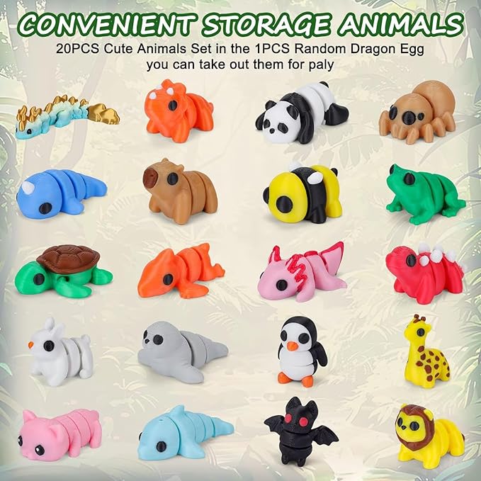 Mini 3D Printed Animals with Dragon Eggs Set, 3D Printed Fidget Toys, Small Articulated Animal Figures Pocket Pets Bulk, Desk Ornament Party Favors (Animal Family)