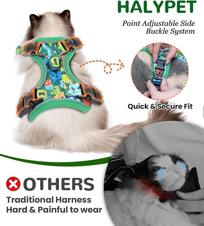 Halypet Cat Harness and Leash Set for Walking, Escape Proof Adjustable Vest Harness with 3-in-1 Integrated Buckles, Easy Control Soft Breathable Mesh with Reflective Strips for Cats, S Green Monster