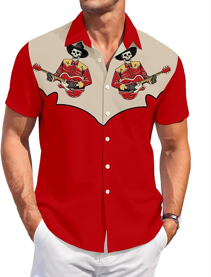 Men’s Hawaiian Shirt Western Cowboy Symmetrical Print Short Sleeve Button Down Casual Beach Holiday Summer Shirt