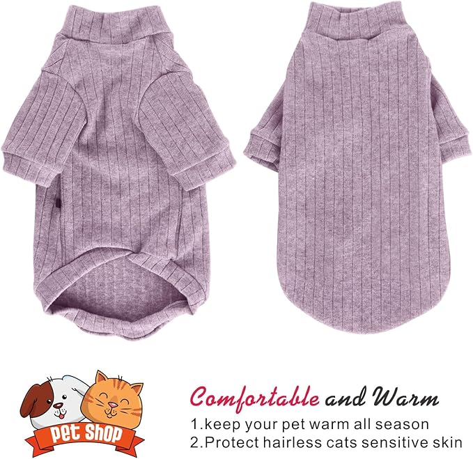 Idepet Sphynx Hairless Cats Sweater Shirt Kitten Soft Puppy Clothes Pullover Cute Cat Pajamas Jumpsuit Cotton Apparel Pet Winter Turtleneck for Cats and Teacup Chihuahua Small Dogs(Purple,S)