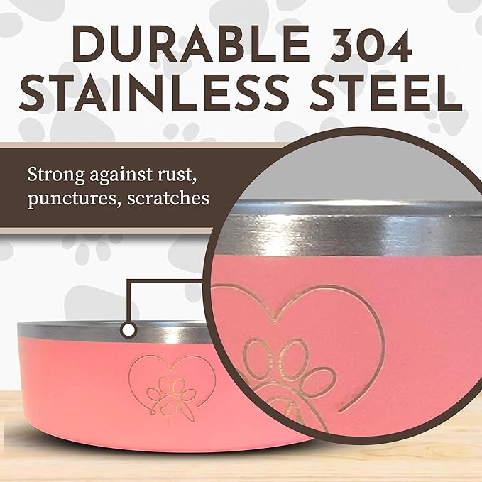 9 Tails Watering Hole- Stainless Steel Dog Bowl, Insulated Dog Bowls, Non Slip, Diswasher Safe, Cats, Dog Food Bowls, Dog Water Bowl, Puppy Dog Bowl for Small Medium Dogs (Pink, 18 oz)