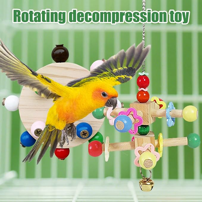 Bird Spinner Toys for Parrots with Bells,Natural Wood Parakeet Toys for Cage,Bird Cage Accessories Chewing Hanging for Small and Medium Birds,Cockatiel,Conure,Lovebird,Budgie,Quaker（2pcs）