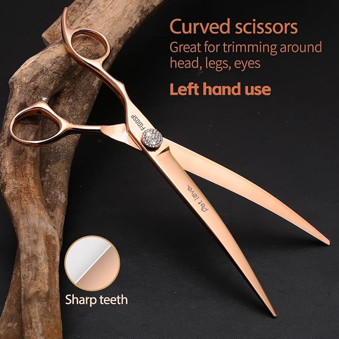 Left Handed Dog Grooming Scissors Set 4PCS Rose Gold Titanium Curved Thinning Straight Chunkers Shears Kit with White Artificial Diamonds Ergonomic Offset Handle Japan 440C