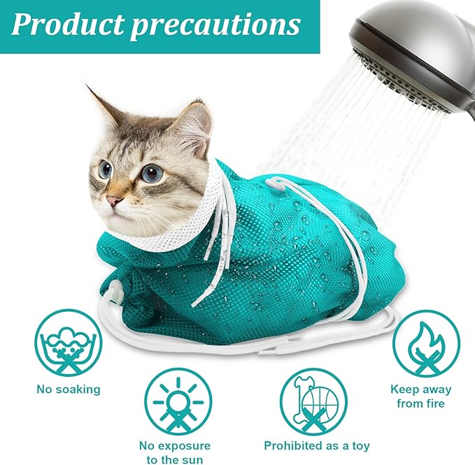 Breathable Mesh Shower Bag - Anti Scratch Adjustable Grooming for Nail Trimming, Bathing - Polyester Soft Cat Washing (White-Green)