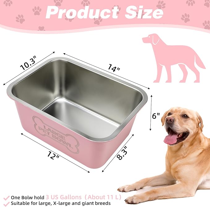 3 Gallons Large Dog Water Bowl, Stainless Steel Metal Dog Bowls, Large Capacity Pet Food Bowl Water Dish for Indoor and Outdoor Universal for Medium to Giant Dogs Pink