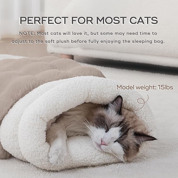 Cat Sleeping Bag for Indoor Cats Self Warming Cat Bed Fits up to 15 lbs Pets Soft Plush Warm Bed 360° Wrap Bag Washable Comfortable Pet Sleeping Bed 21" × 17" Coffee
