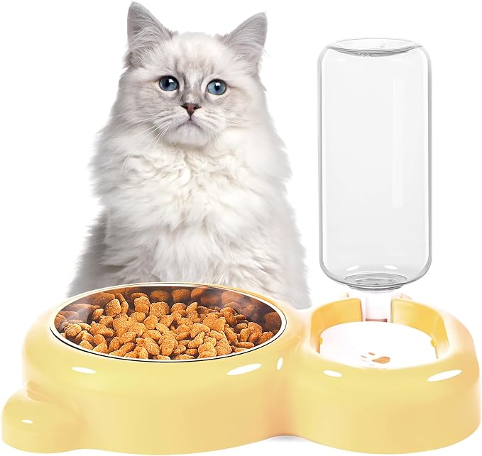 Dog Bowls, Cat Food and Water Bowl Set with Water Dispenser and Stainless Steel Bowl for Cats and Small Dogs - Yellow