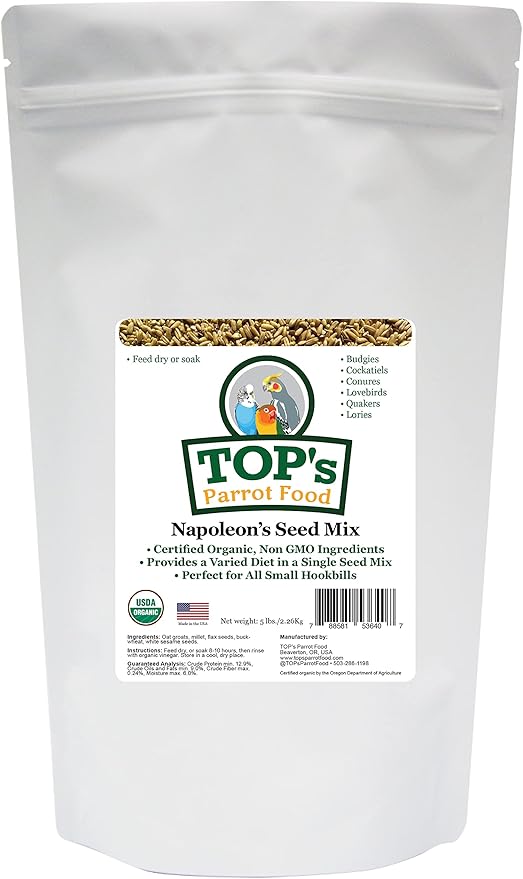 TOP's Napoleon's Seed Mix for All Small Hookbills, Non-GMO, Soy Free, Corn Free, USDA Organic Certified, 5 lb