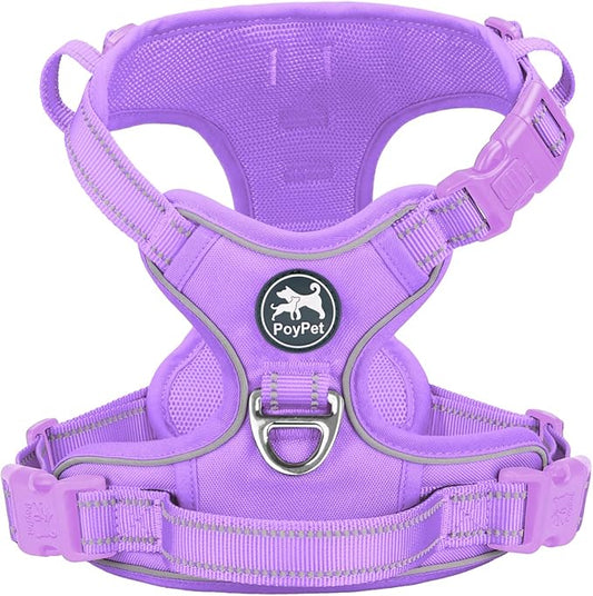 PoyPet No Pull Dog Harness, No Choke Reflective Dog Vest, Adjustable Pet Harnesses with Easy Control Padded Handle for Small Medium Large Dogs(Light Purple Matching Trim,S)