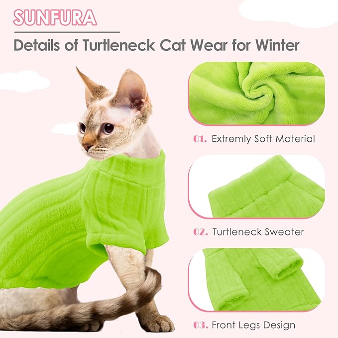 SUNFURA Sweaters for Cats, Hairless Sphynx Sweater Kitten Pullover with Sleeves, Warm and Soft Cat Pajamas Fleece Sweatshirt Jumpsuit, Turtleneck Clothes for Fall Winter, Green S
