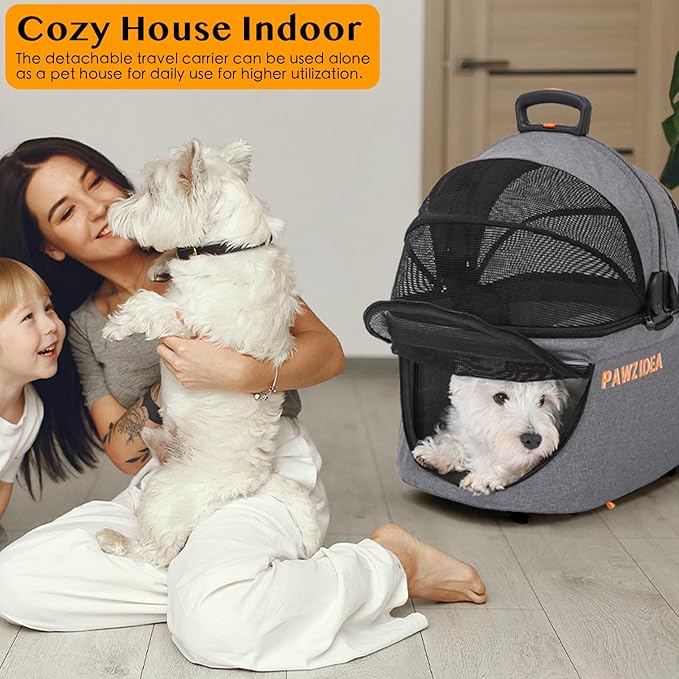 PAWZIDEA Double Pet Stroller with 2 Detachable Carriers, Portable Dog Crate for Car Travel & TSA-Approved Expandable Cat Carrier, Foldable Lightweight Jogger Stroller for 2–4 Cats or Small/Medium Dogs
