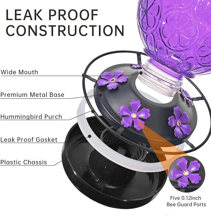 Glass Hummingbird Feeders for Outdoors Hanging, 23Oz Humming Bird Nectar Feeders with Perch, 5 Flower Feeding Ports, Leak Proof Base and Hook for Garden Decor, Gifts for Mom Women (Purple)