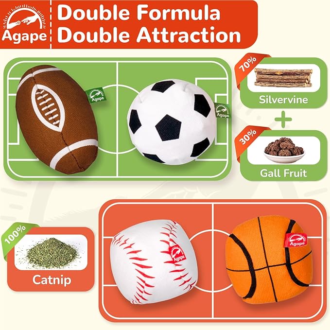 Agape Natural Cat Toys, 100% Catnip & Silvervine Filled, Interactive Chew and Kicker Balls for Indoor Cats, Enrichment and Teeth-Cleaning Fun for Bored Cats and Kittens, 2 Pack Crinkle Cat Toys