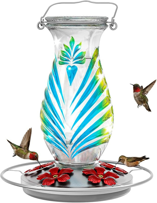Hummingbird Feeder for Outdoors, 24oz Glass Nectar Feeder with Perch & 5 Flower Feeding Ports, Leakproof Hanging Bird Feeder for Garden Yard Decor, Outside Gifts for Women & Mom, Sky Blue