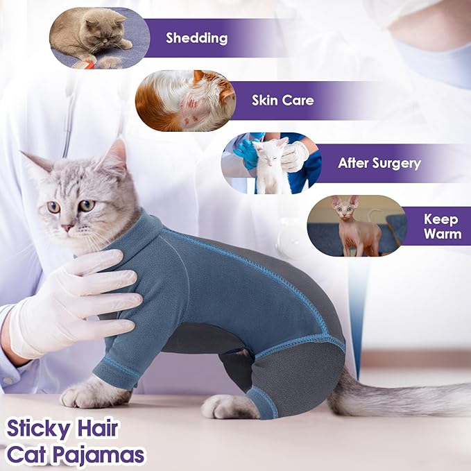 SUNFURA Hair Sticky Cat Clothes, Cat Sweater for Cats Only, 4-Legged Fleece Sweaters Kitten Pajamas Reduce Shedding Fur, Warm Pullover Shirts for Cats, Blue XL