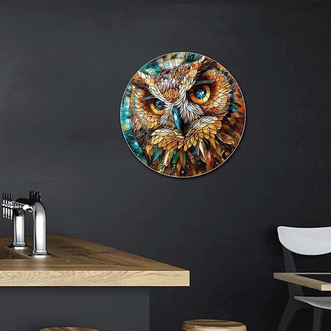 Lygond Metal Sign Tin Sign Circular Stained Glass Owl Metal Garden Sign for Club 12×12 Inches