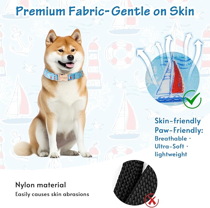 Nautical Themed Dog Collar，Handmade Cotton Puppy Collar with Sailboats，Seagulls Parttern, Adjustable Colllar for Small Medium Large Dogs, Perfect for Daily Walks, Photos，Beach & Vacation-M