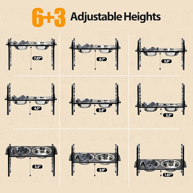 Elevated Dog Bowls,Cat Bowls,9 Height Adjustable Raised Dog Bowl Stand for Small & Medium Pet with 2 Stainless Steel Dishes and Slow Feeder,Bamboo Pet Food Bowl with Non-Slip Feet
