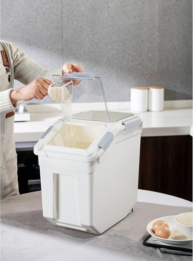 HANAMYA 33 Liter / 50 lbs Rice Storage Container with Measuring Cup, BPA free, For Rice | Grain | Pet Food | Flour, 2 count, White