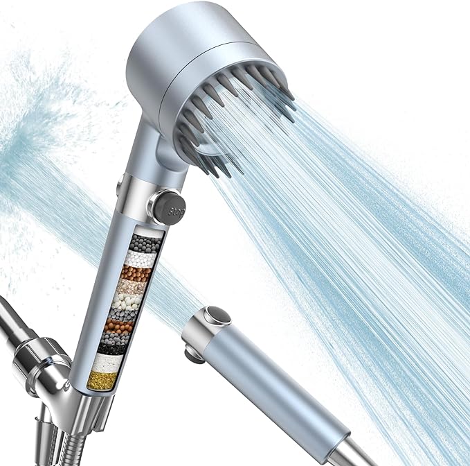 Filtered Shower Head with Handheld, High Pressure 3 Spray Mode Showerhead with 18 Stage Water Softener Filters for Hard Water - Handheld Shower Head-Remove Chlorine-BLUE
