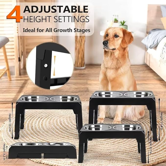 PETNEST Adjustable Elevated Dog Bowls with Two Stainless SteelBowls | Food Bowl Stand for Small, Large Breed | Raised Food Feeder | Raised Pet Bowls | Dog Bowls Elevated Stand 4 Adjustable Heights