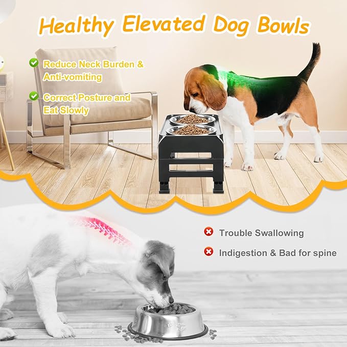 Elevated Dog Bowls 3 Height Adjustable Raised Bowl Stand with 25oz Stainless Steel Dog Food Bowls Anti-Slip for Small Dogs Adjusts to 7.5", 6", 2.75", Black