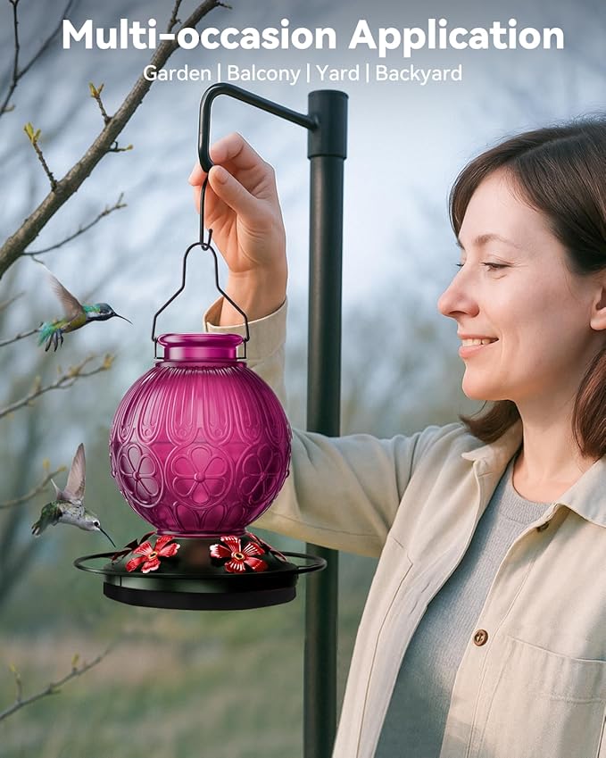 26Oz Hummingbird Feeder for Outdoors, Vintage Glass Bird Feeder with Perch, Durable & Easy to Clean, Hanging Nectar Feeder for Garden, Yard, Deck – Gift for Bird Lovers (Violet)