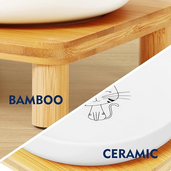 Elevated Cat Bowls for Indoor Cats – Raised Bamboo Cat Bowl Stand with 5.75 Inch Wide Ceramic Dishes, Pet Food Plate Table for Easy Feeding, Whisker Friendly (White,Set of 2)