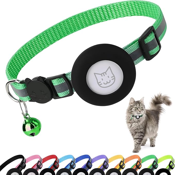 Airtag Cat Collar with Bell, Reflective Nylon Kitten Collar with Apple Air Tag Holder and Breakaway Safety Buckle for Puppy Girl Boy Cats, 3/8" in Width and Lightweight, Green